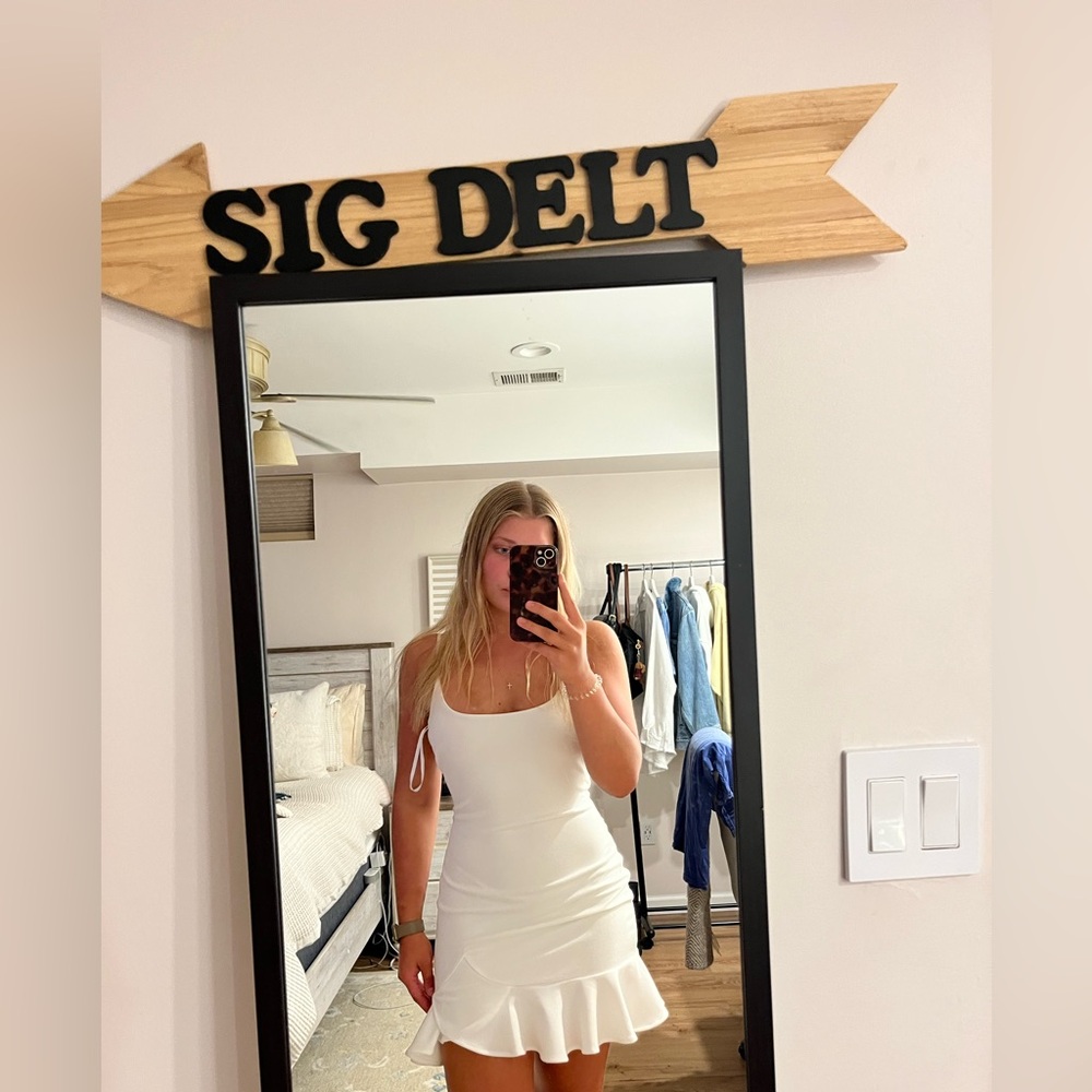 Hello Molly White Ruffled Sheath Mini Dress